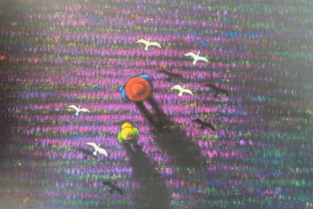 A painting featuring birds flying in a vibrant sky.